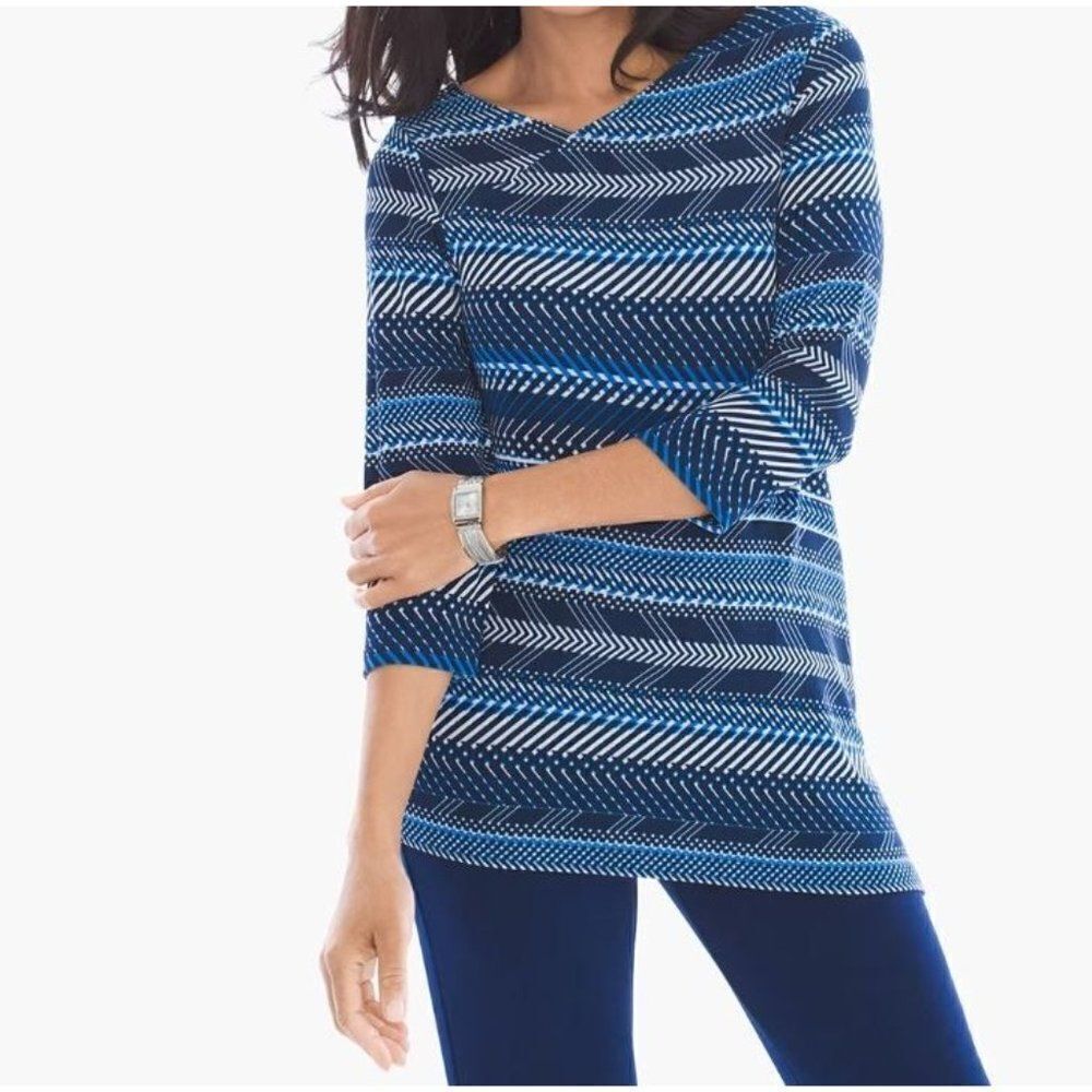 Chico's Travelers Classic Slinky Knit Acetate Sky Weaves Asymmetrical Top 3 XL